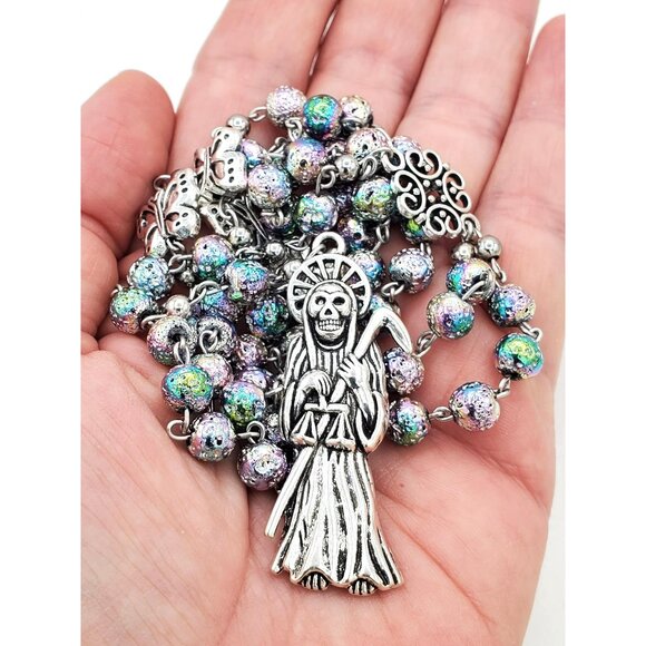 Santa Muerte Stores Jewelry - Handmade Electroplate Lava Santa Muerte Rosary Holy Death Amulet Prayer Beads